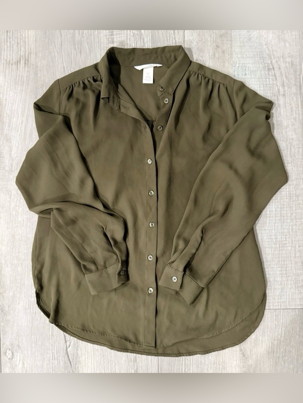 H&M Olive Green Long-Sleeve Sheer Button Blouse